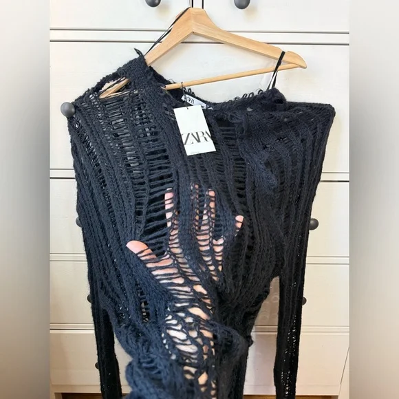 ZARA NWT Shredded Open Knit Distressed Black Blend Lace Midi Dress size S  Luxury